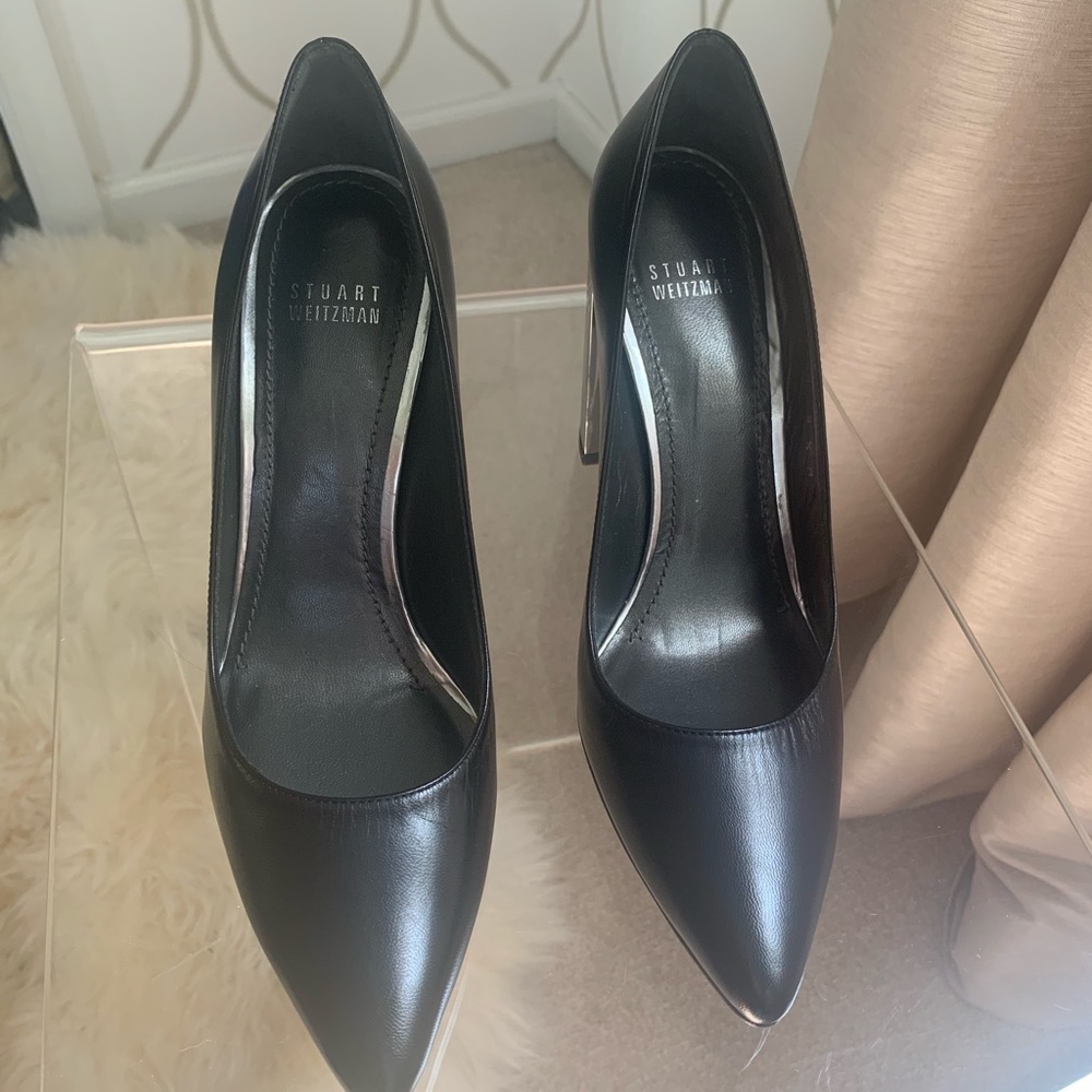 Stuart Weitzman Black Leather Pumps with Clear Block Heels - Picture 2 of 6